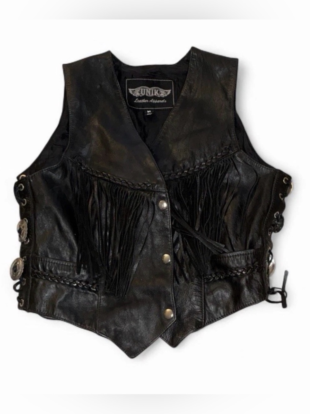 Unik Black Leather Fringe Lace-Up Vest